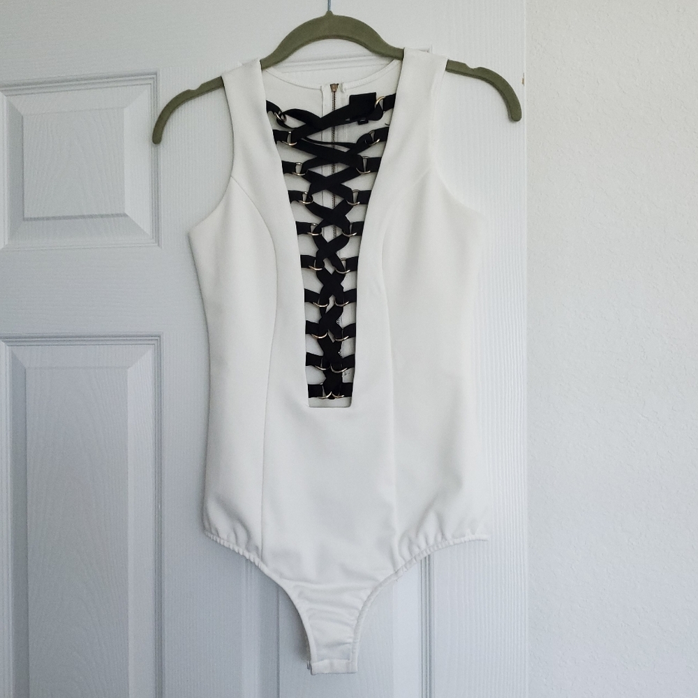 Nude Laced White and Black Bodysuit Sz S